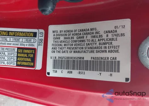 2012 Honda Civic Lx из США, поврежденный, VIN 2HGFG3B59CH529898